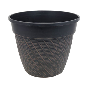 30cm Black Rattan Round Planter With Brown Brush Effect