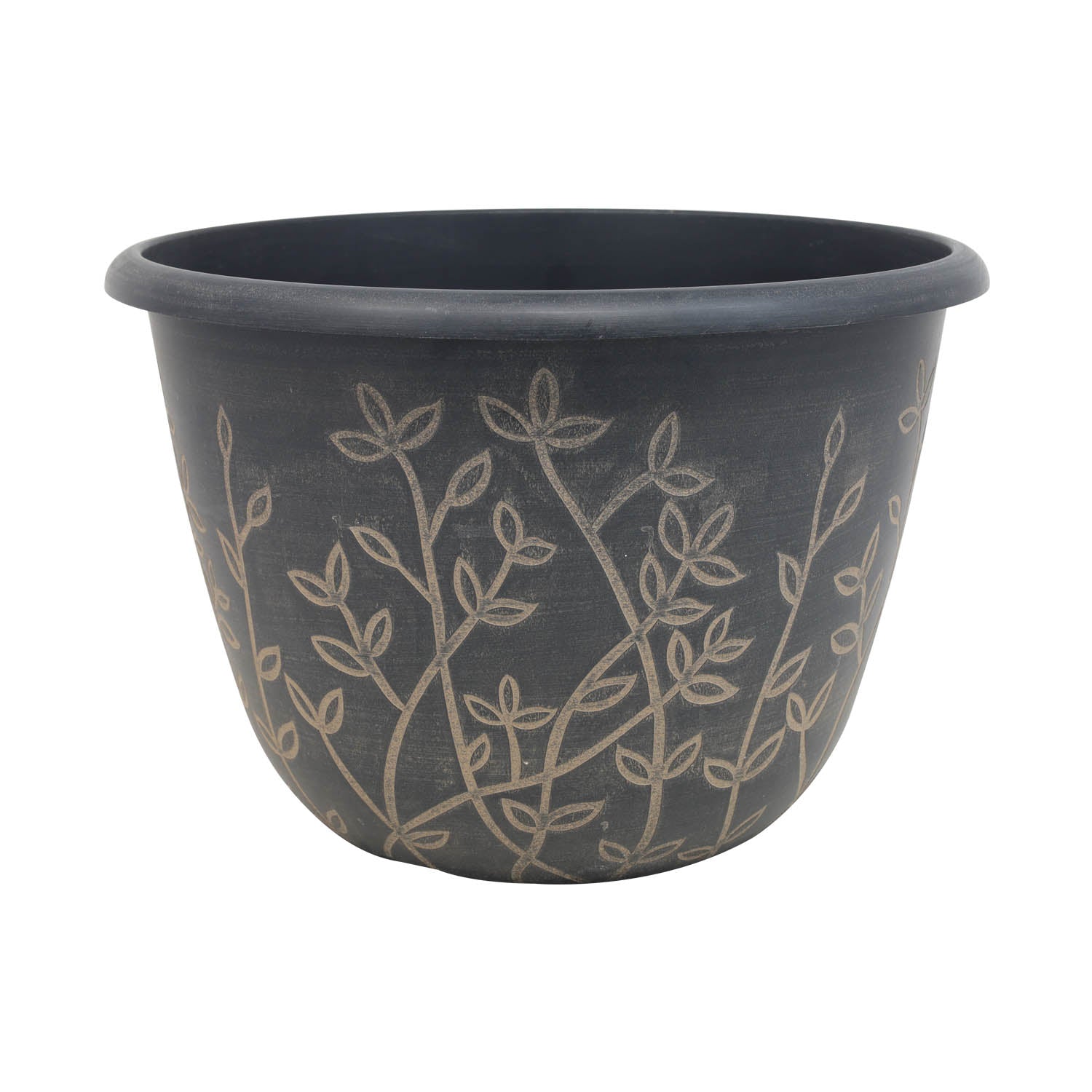 25cm Black Serenity Planter With Brown Wash Effect Floral Design