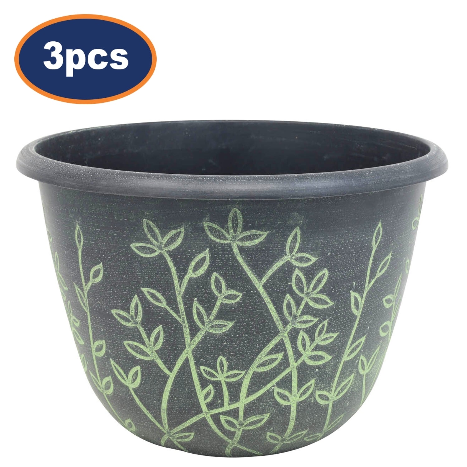 3Pcs 25cm Black Serenity Planter With Green Wash Effect