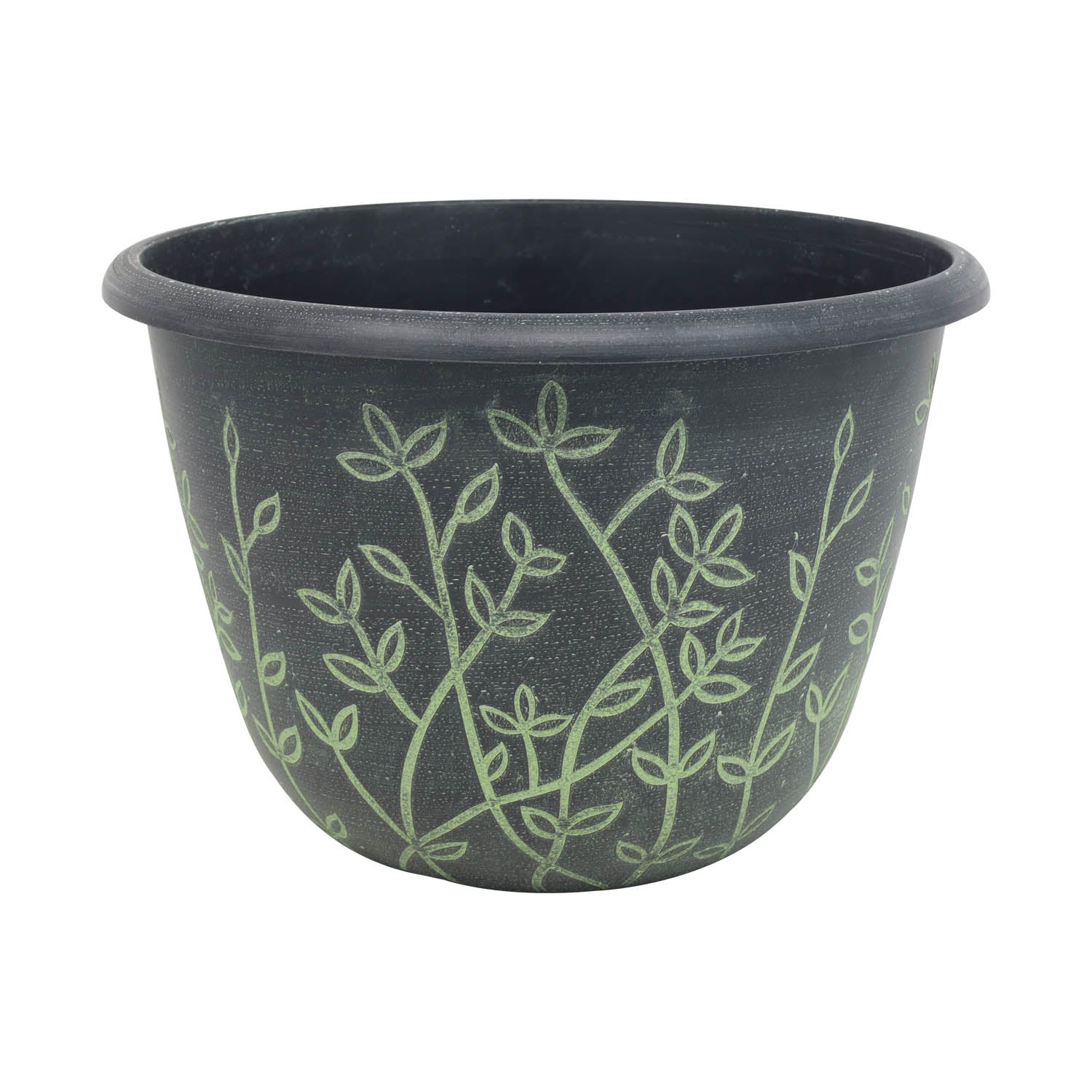 25cm Black Serenity Planter With Green Wash Effect Floral Design