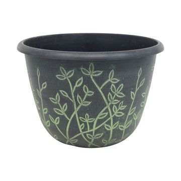 25cm Black Serenity Planter With Green Wash Effect Floral Design