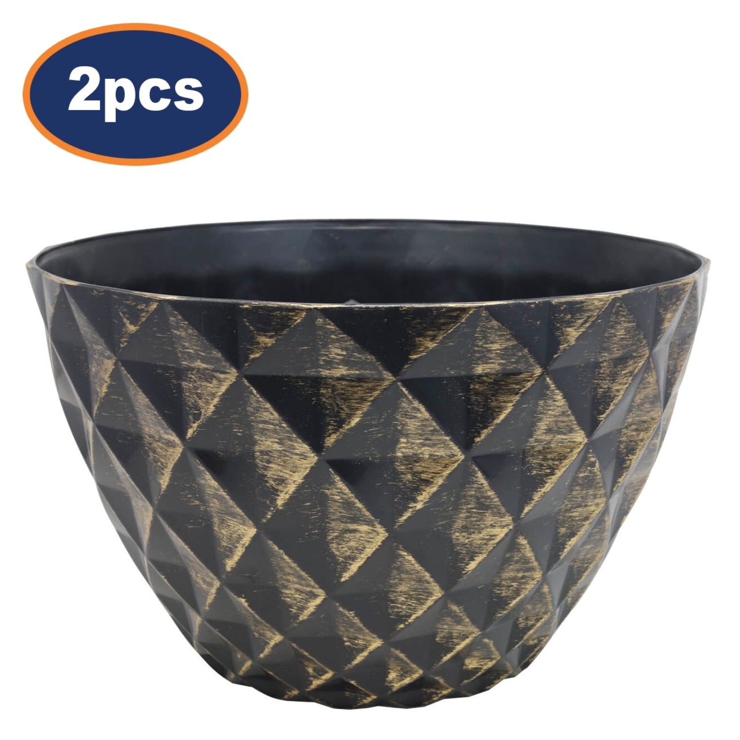 2Pcs 33cm Black Round Plastic Diamond Planter With Gold Brush