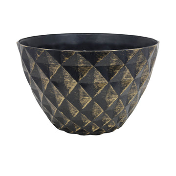 33cm Black Round Plastic Diamond Planter With Gold Brush