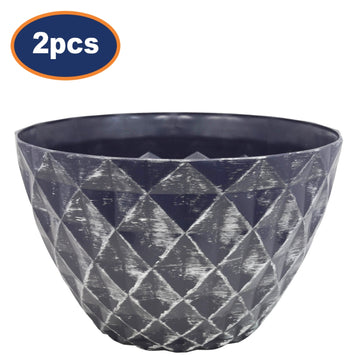 2Pcs 33cm Grey Round Plastic Diamond Planter With Silver Brush