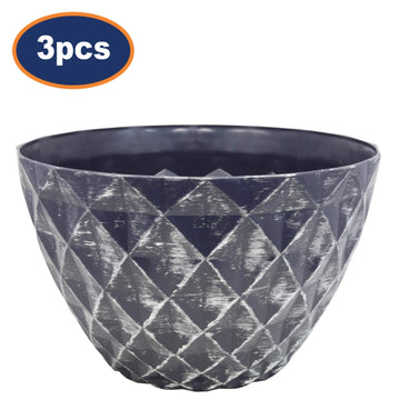 3Pcs 33cm Grey Round Plastic Diamond Planter With Silver Brush