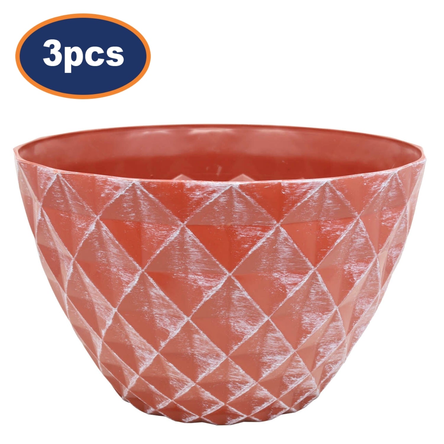 3Pcs 33cm Terracotta Round Plastic Diamond Planter With White Brush