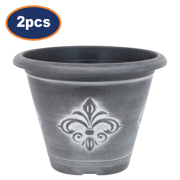 2Pcs 25cm Black Fleur De Lys Round Planter With White Wash