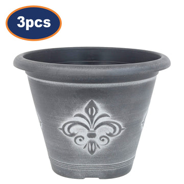 3Pcs 25cm Black Fleur De Lys Round Planter With White Wash