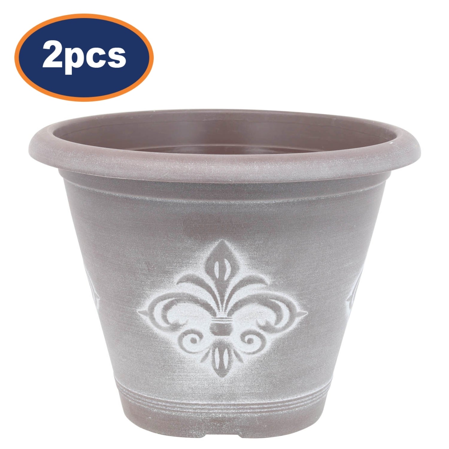 2Pcs 25cm Chocolate Brown Fleur De Lys Planter With White Wash