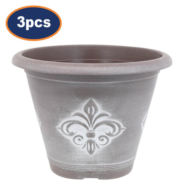 3Pcs 25cm Chocolate Brown Fleur De Lys Planter With White Wash