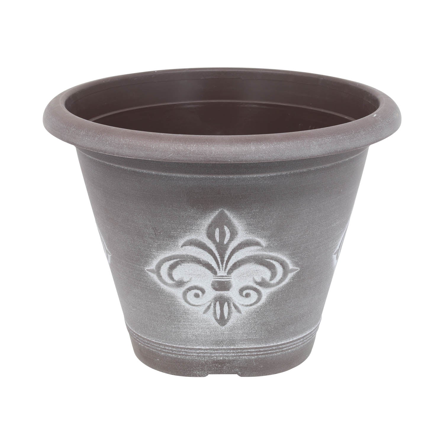 25cm Chocolate Brown Fleur De Lys Round Planter With White Wash