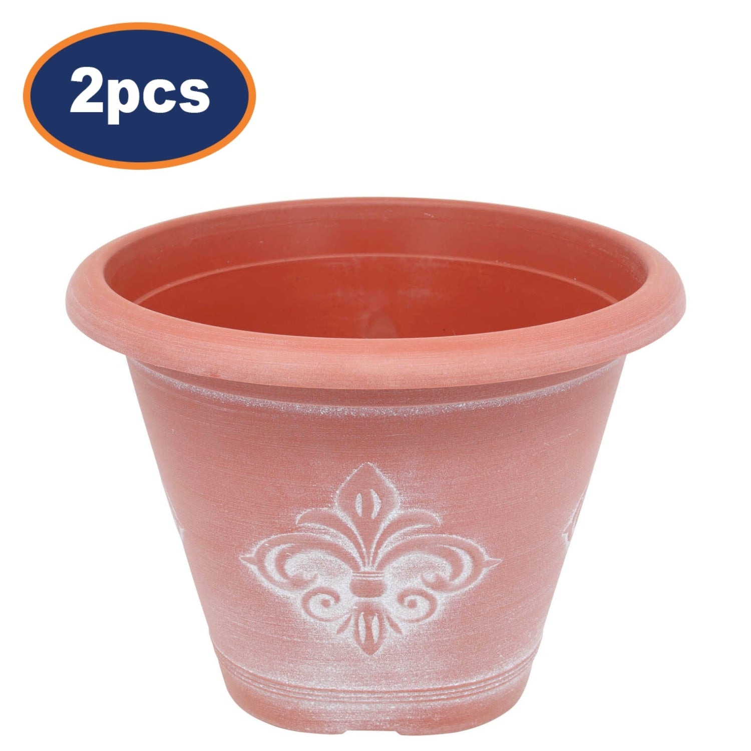 2Pcs 25cm Terracotta Fleur De Lys Round Planter With White Wash