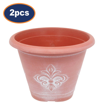 2Pcs 25cm Terracotta Fleur De Lys Round Planter With White Wash