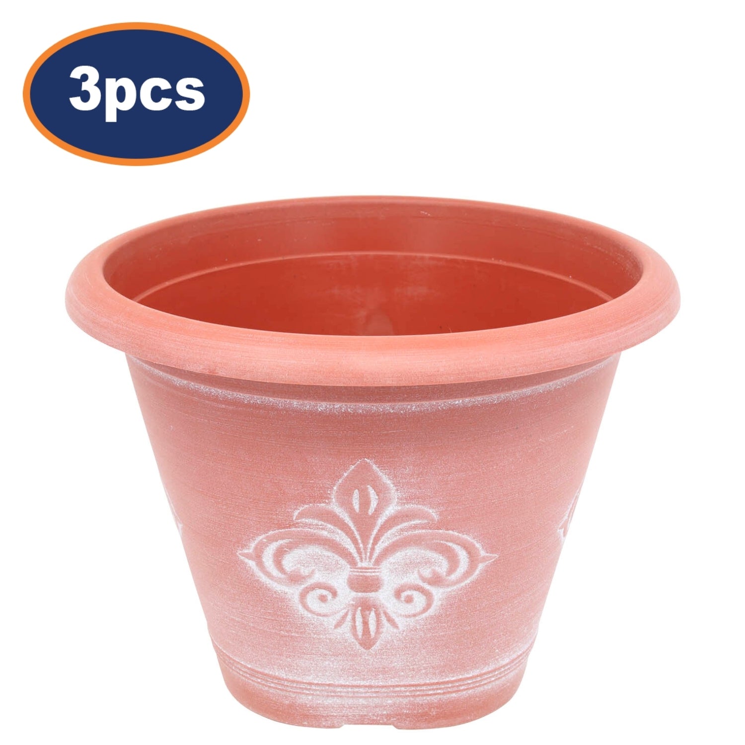 3Pcs 25cm Terracotta Fleur De Lys Round Planter With White Wash