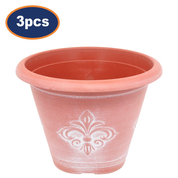 3Pcs 25cm Terracotta Fleur De Lys Round Planter With White Wash