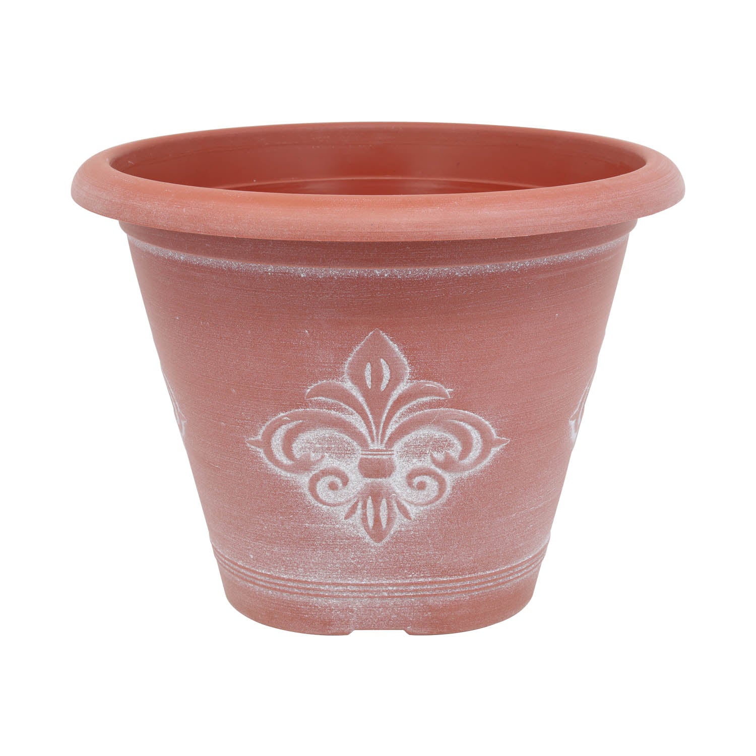 25cm Terracotta Fleur De Lys Round Planter With White Wash