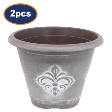 2Pcs 33cm Brown Fleur De Lys Round Planter With White Wash