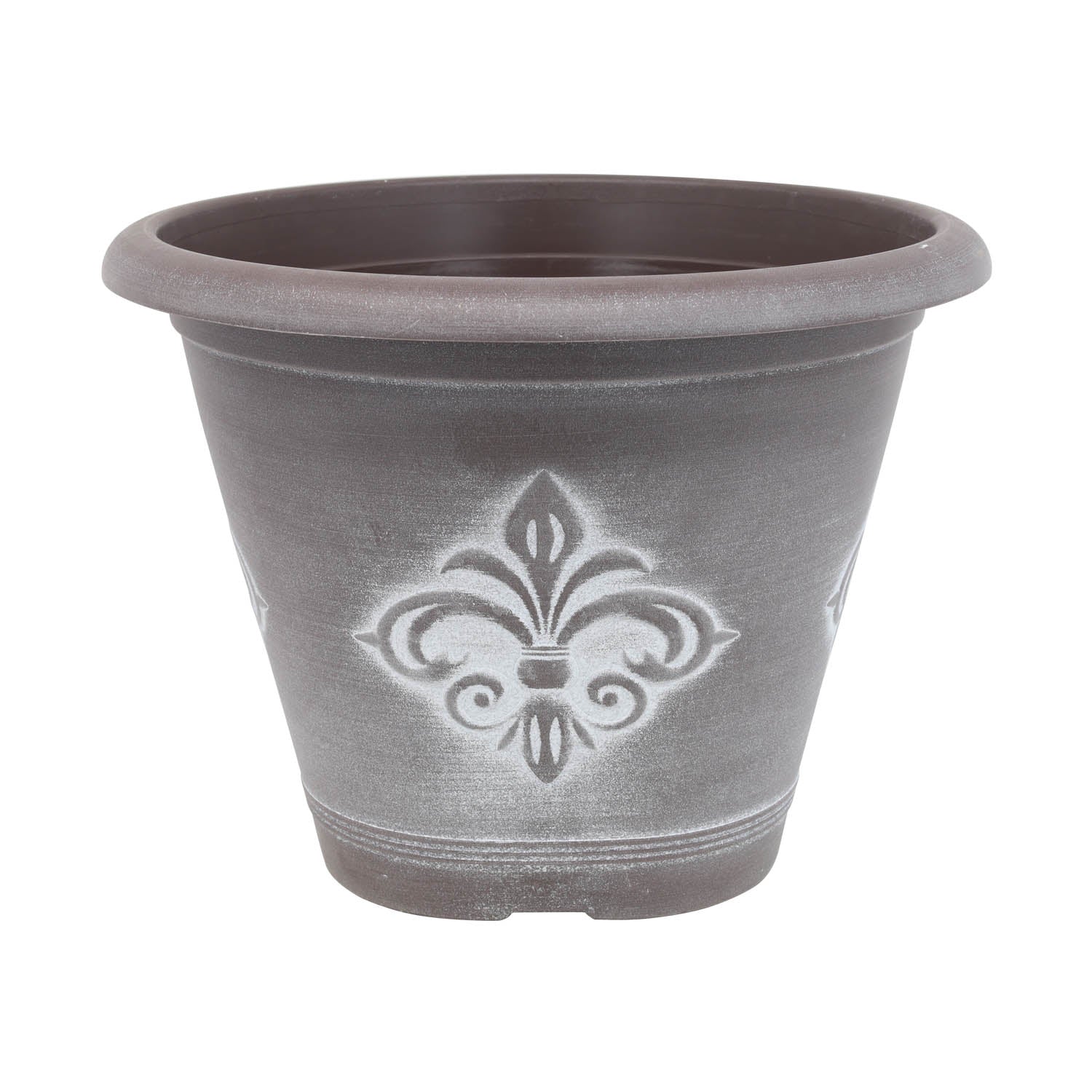 33cm Brown Fleur De Lys Round Planter With White Wash