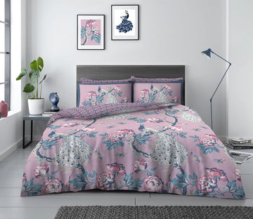 Peacock Tropical Jungle Duvet Cover Set, Double, Green & Pink