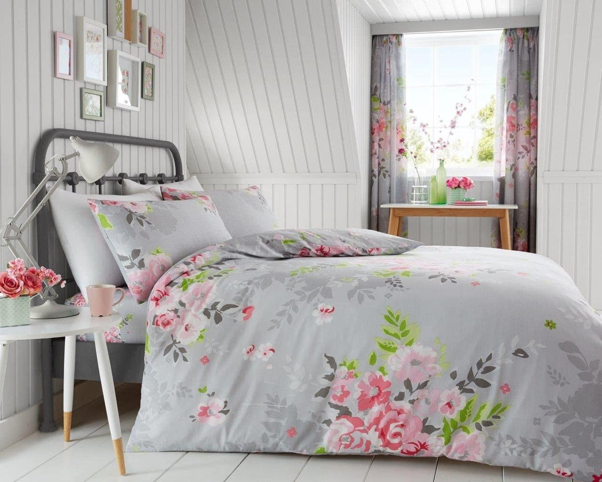 Alice Roses Floral King Duvet Cover Set - Grey Blush Pink