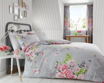 Alice Roses Floral King Duvet Cover Set - Grey Blush Pink