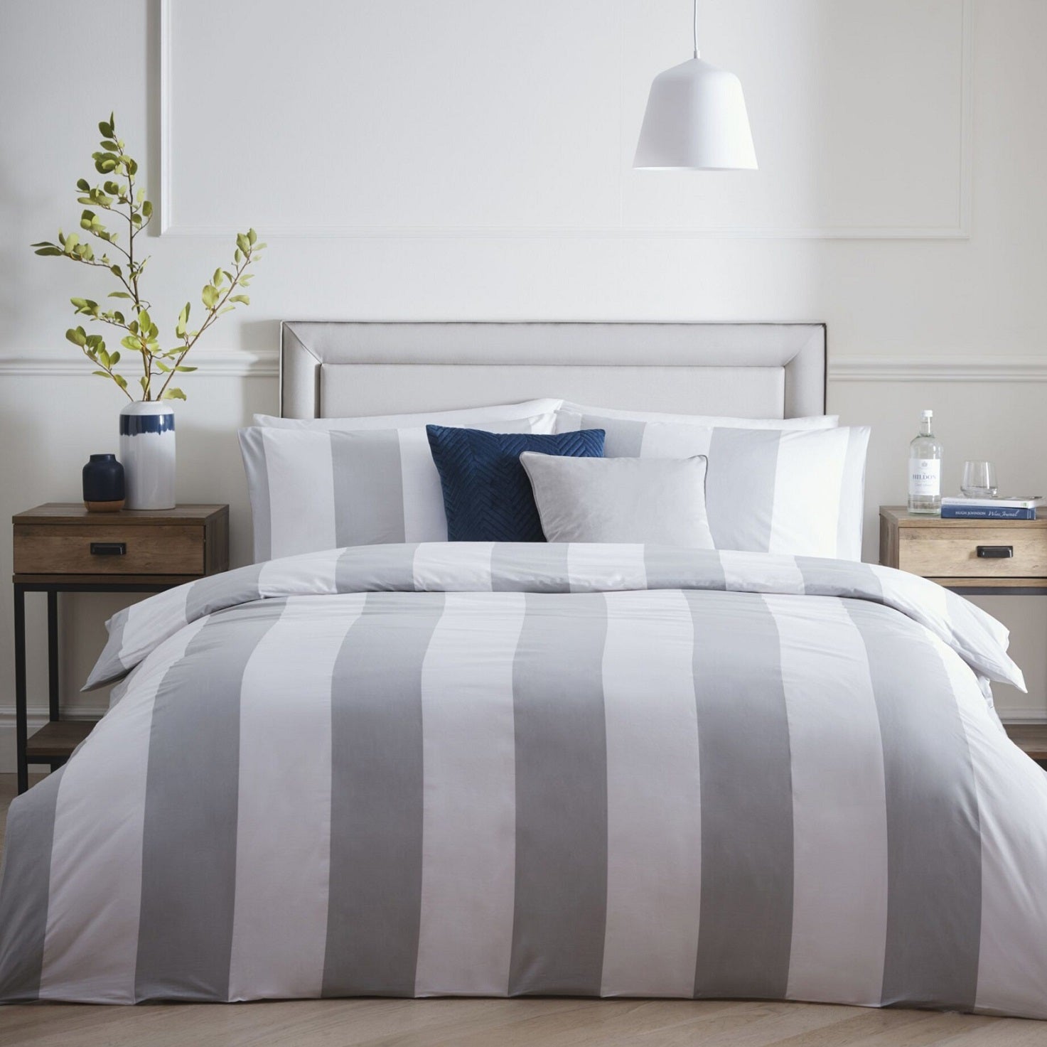 Alissia 100% Cotton Stripe Duvet Cover Set, King, Grey & White