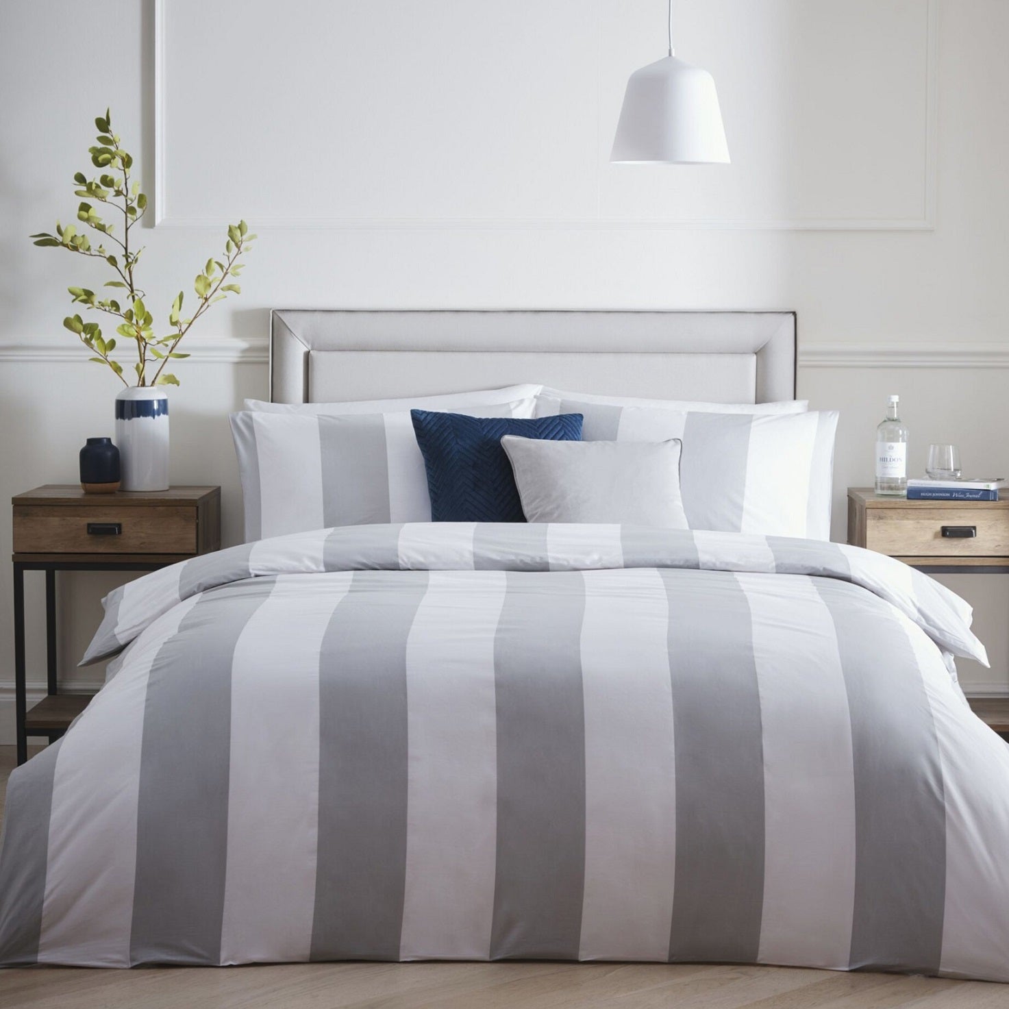 Alissia 100% Cotton Stripe Duvet Cover Set, Double, Grey & White