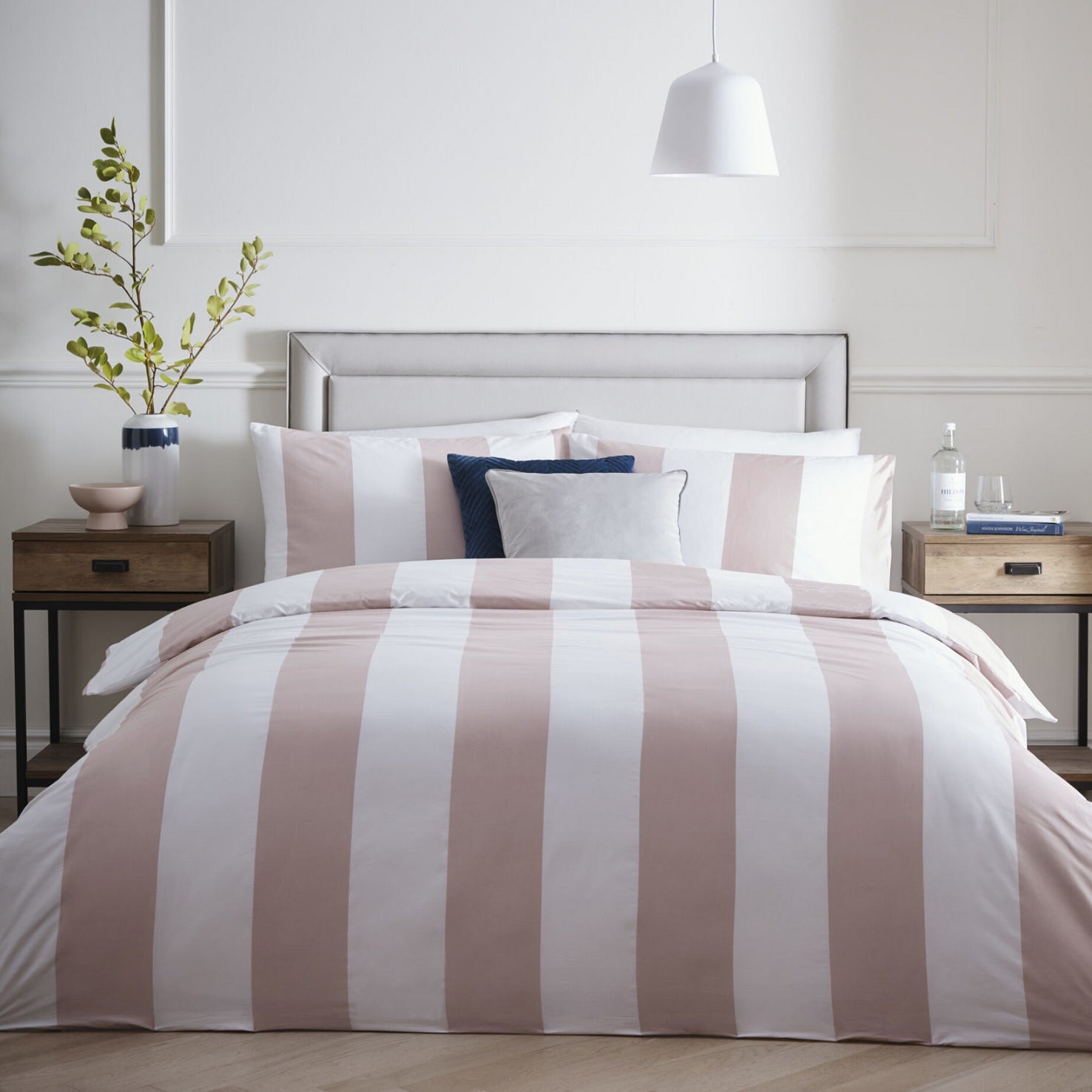 Alissia 100% Cotton Stripe Duvet Cover Set, King, Pink & White