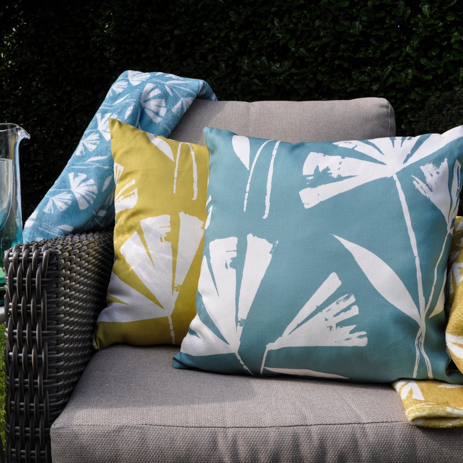 Garden Outdoor Water Resistant Cushion Cover - Teal & Ochre Yellow