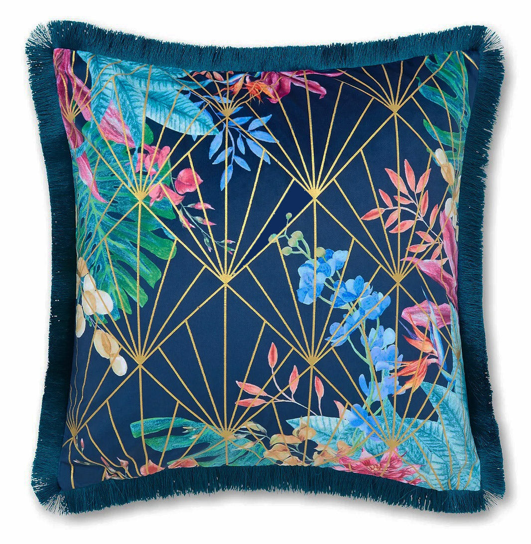 Hyperion Aloria Botanical Velvet Filled Cushion - Navy Blue & Green