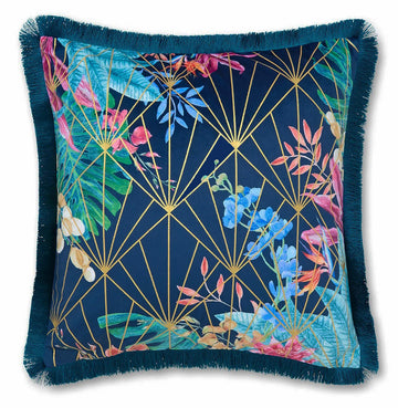 Hyperion Aloria Botanical Velvet Filled Cushion - Navy Blue & Green