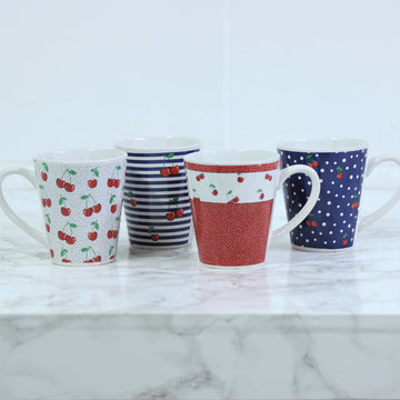 11oz Set of 4 Assorted Cherry Design Conical Mugs