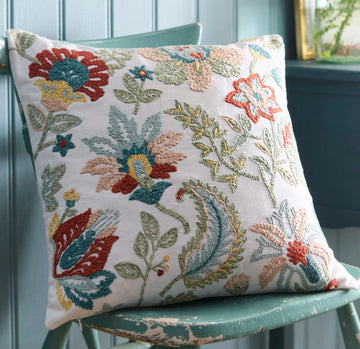 Luxury Embroidered Floral Filled Cushion 43x43cm, Amara Green