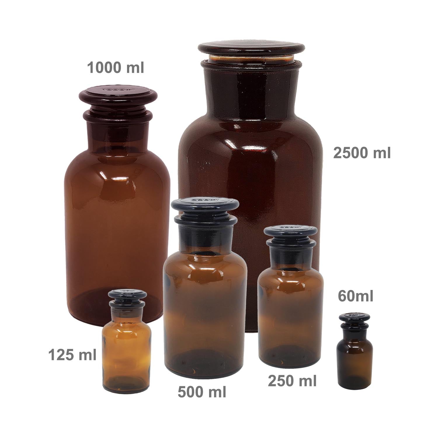 6Pcs 60/125/250/500/1000/2500ml Amber Glass Apothecary Bottles Set