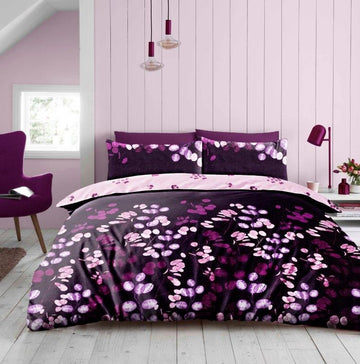 4pcs Amerie Leaf Duvet Cover Set + Fitted Sheet, King, Purple & Pink