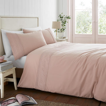 Catherine Lansfield Broderie Anglaise Duvet Cover Set, Super King, Blush Pink