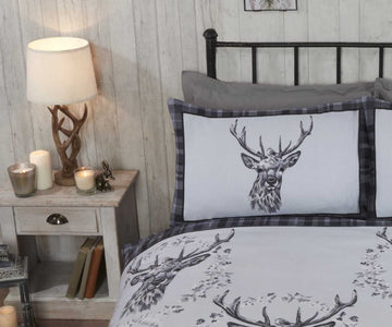 Tartan Check Stag Brushed Cotton Flannelette Duvet Cover Set, Double, Grey