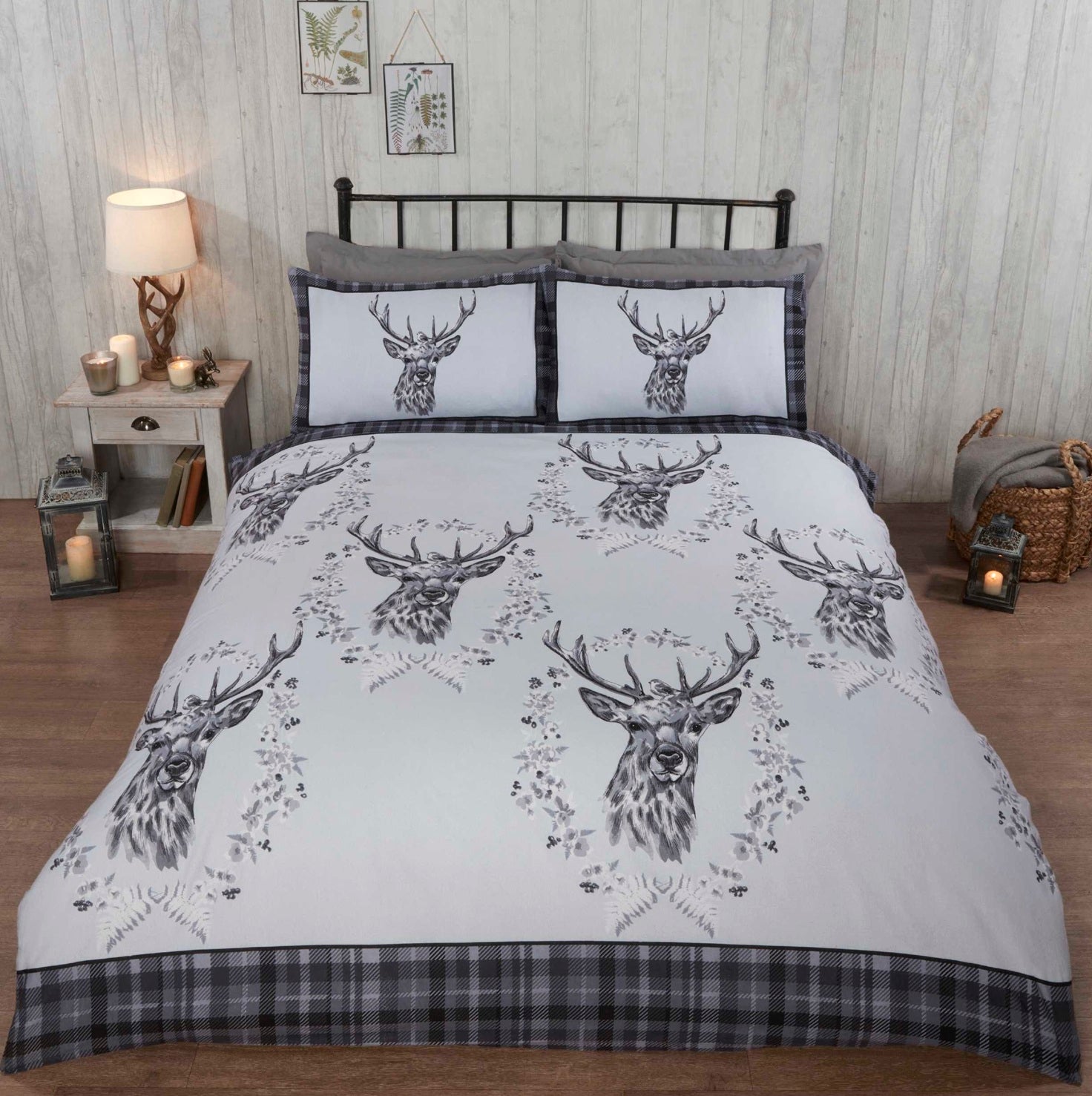 Tartan Check Stag Brushed Cotton Flannelette Duvet Cover Set, King, Grey