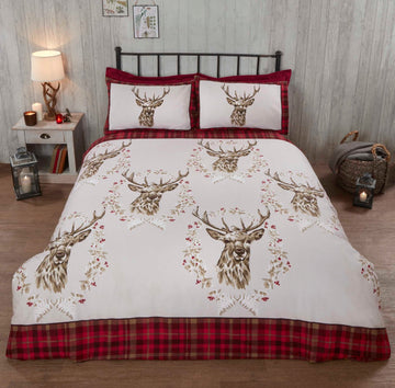 Tartan Check Stag Brushed Cotton Flannelette Duvet Cover Set, Double, Red