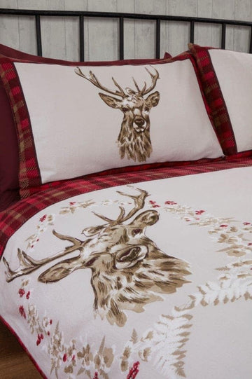 Tartan Check Stag Brushed Cotton Flannelette Duvet Cover Set, Double, Red