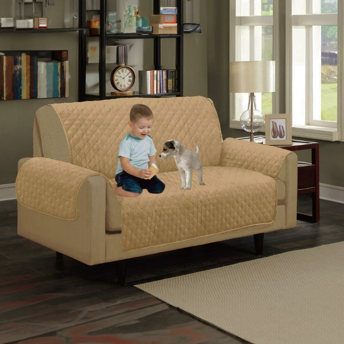 Quilted Waterproof Two Seater Sofa Slip Cover Protector - Beige