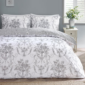 Catherine Lansfield Royal Damask Duvet Cover Set, King, Antoinette Grey & White