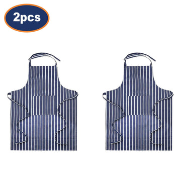 2Pcs Navy Blue Striped Cotton Aprons with Front Pocket