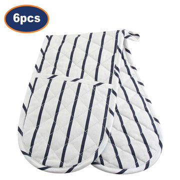 6Pairs White & Blue Stripes Cotton Oven Gloves