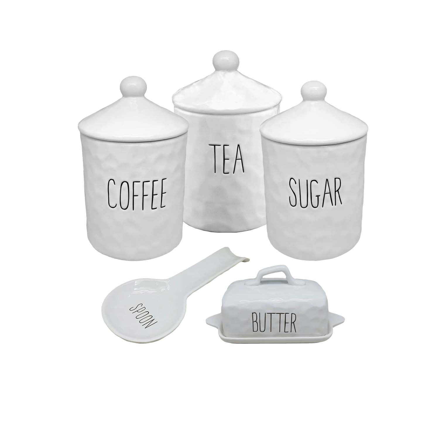 5pc White Ceramic Canisters Butter Dish Spoon Rest Set