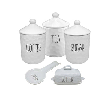 5pc White Ceramic Canisters Butter Dish Spoon Rest Set