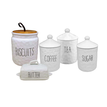 5pc White Ceramic Canisters Butter Dish Set