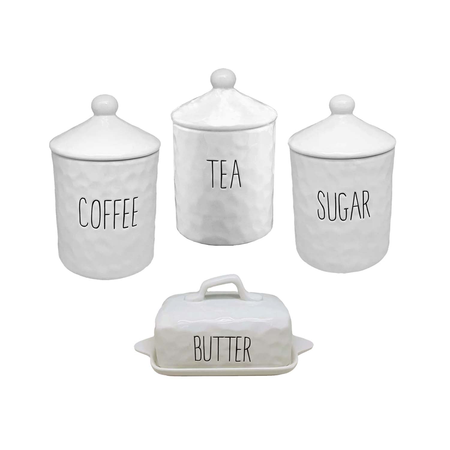 4pc White Ceramic Canisters Butter Dish Set
