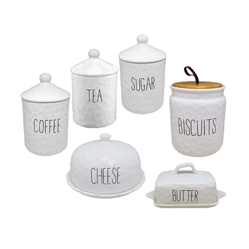 6pc White Ceramic Canisters Butter Dish Cheese Dome Set