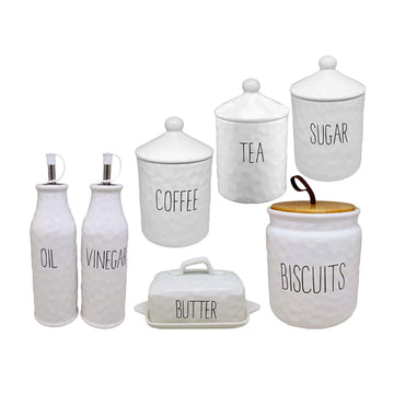 7pc White Ceramic Canisters Cruets Butter Dish Set